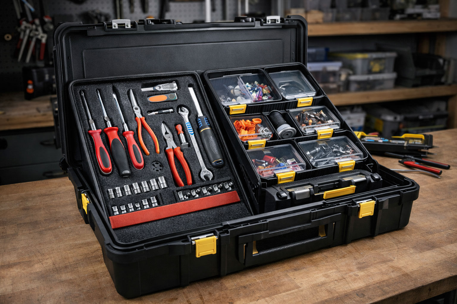Neu aufgebauter Werkzeugkoffer mit Hybrid-System aus Schaumeinlage und modularen Boxen