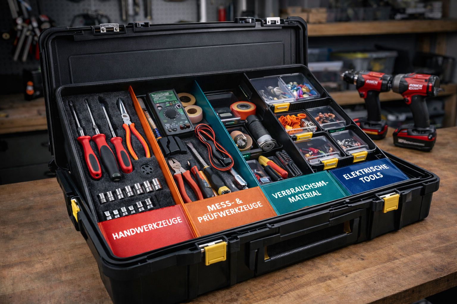 Werkzeugkoffer mit Schaumeinlage für Kernwerkzeuge und modularen Boxen für Zubehör
