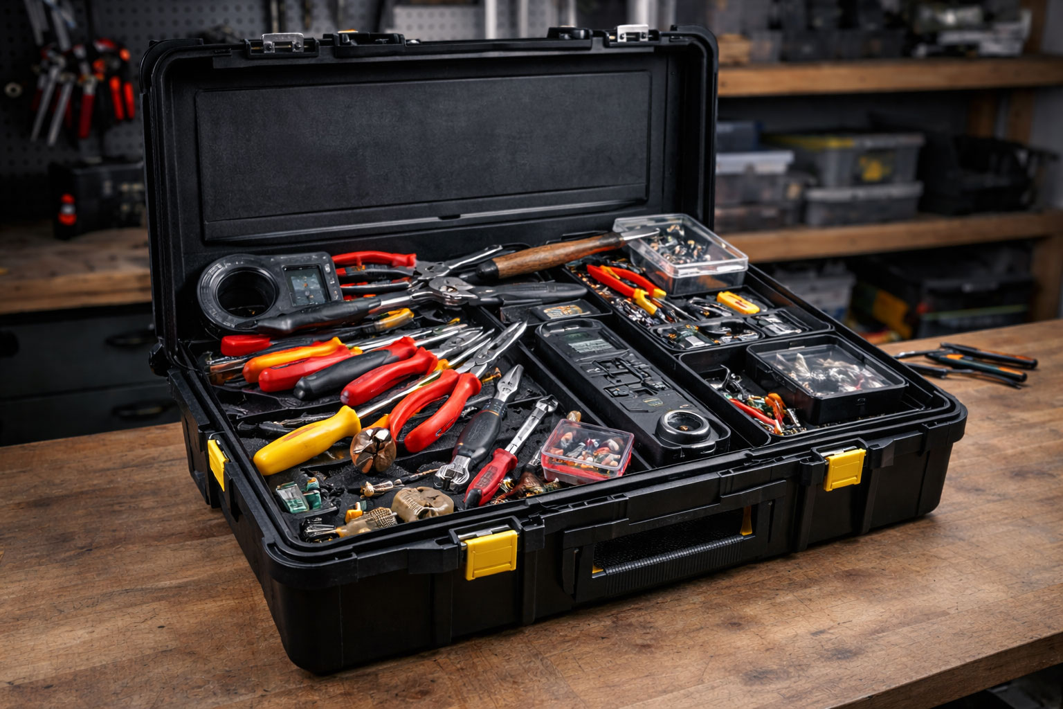 Überfüllter Werkzeugkoffer mit ungeordneter Struktur
