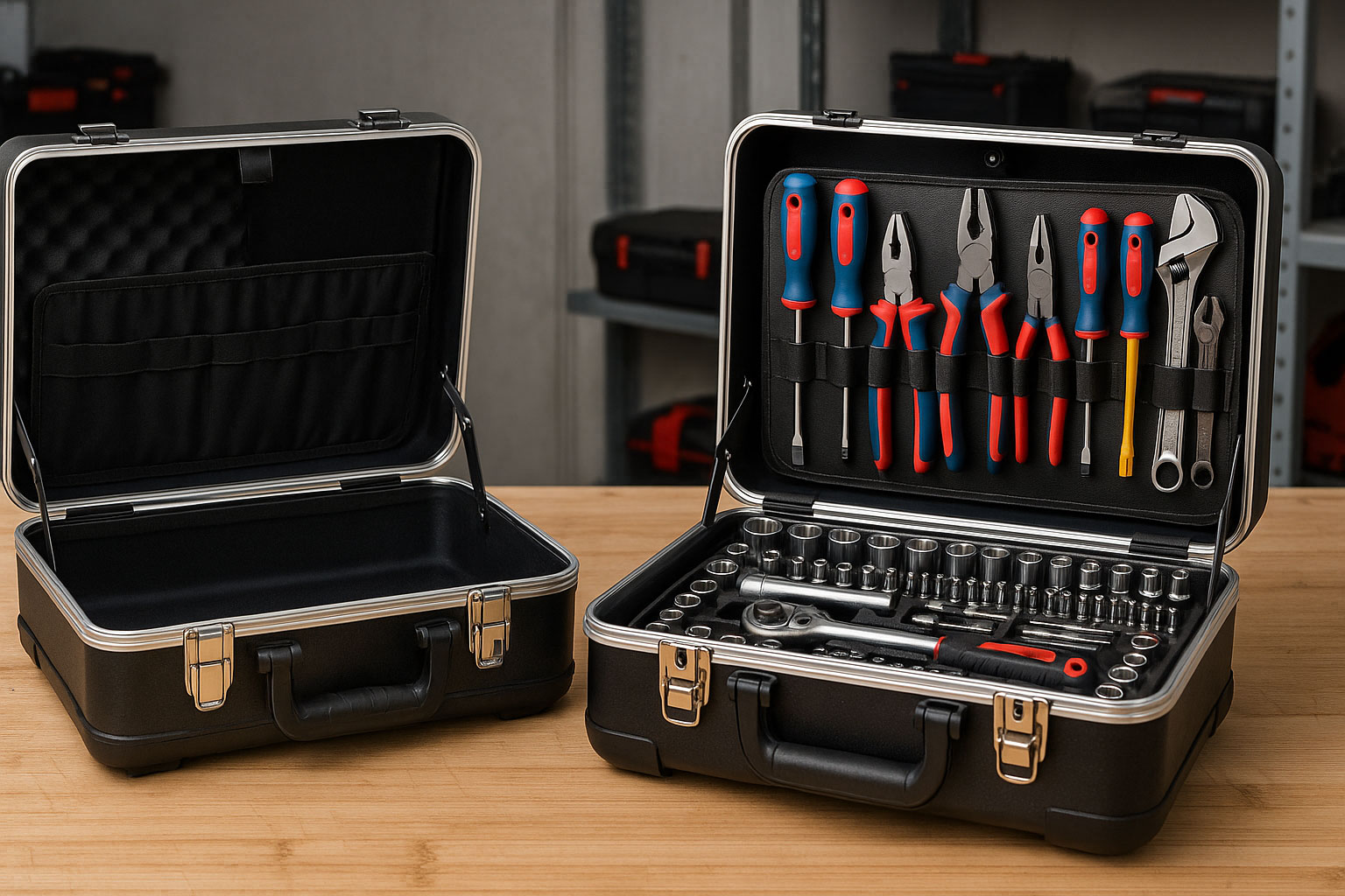 Hero: Werkzeugkoffer leer und bestückt im Vergleich auf einer Werkbank