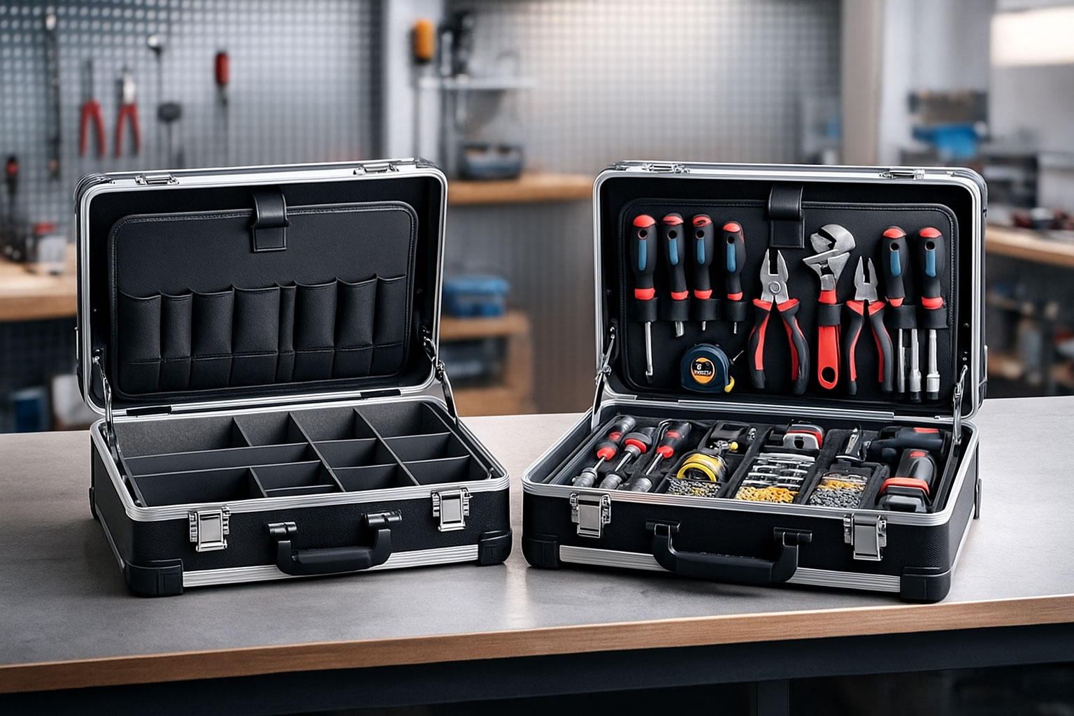 Vergleich von leerem und bestücktem Werkzeugkoffer