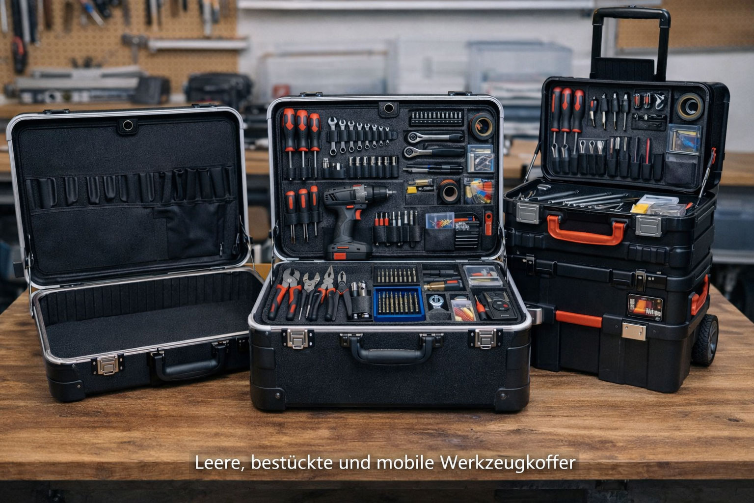 Verschiedene Werkzeugkoffer leer, bestückt und mit Rollen