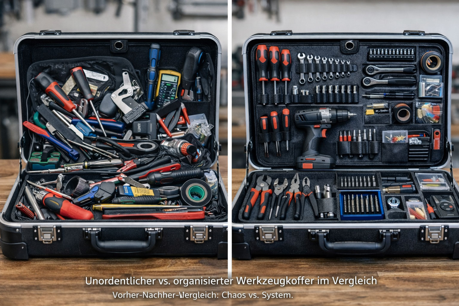 Unordentlicher vs. organisierter Werkzeugkoffer im Vergleich