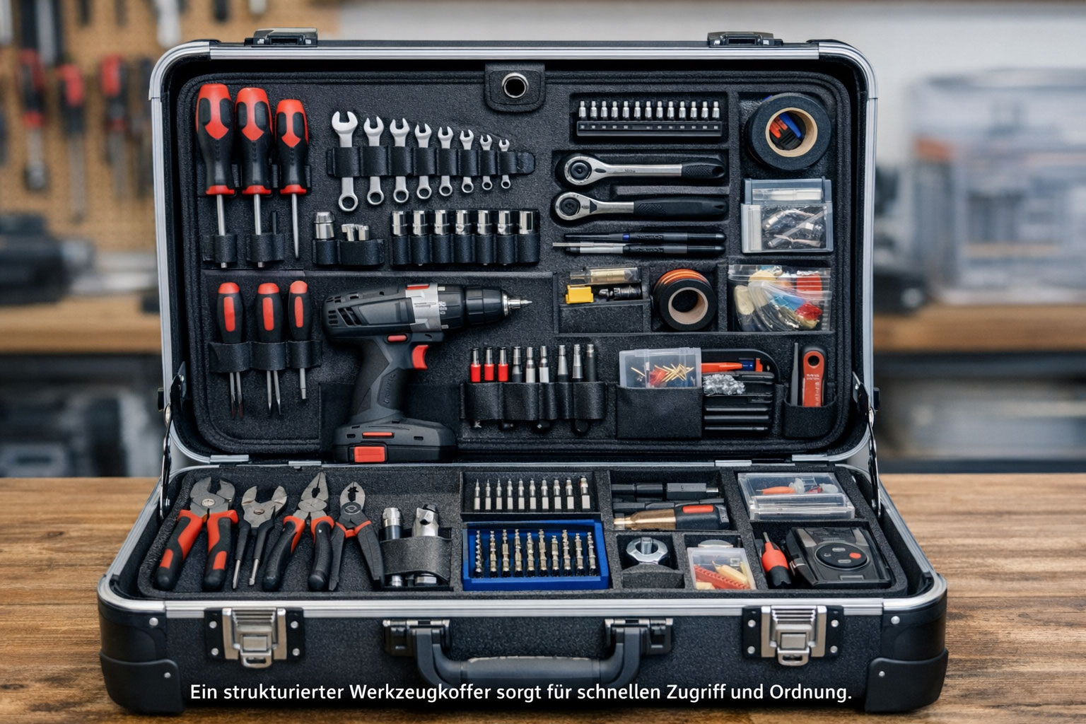 Werkzeugkoffer richtig organisieren – übersichtlicher Koffer mit sortierten Werkzeugen