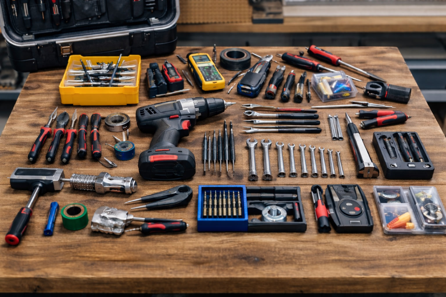 Werkzeuge ausgebreitet auf Werkbank zur Bestandsaufnahme