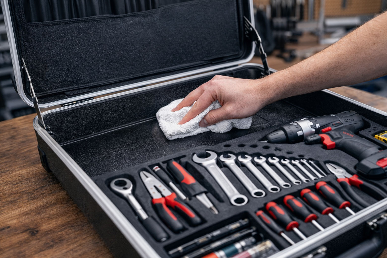 Reinigung eines Werkzeugkoffers mit Tuch