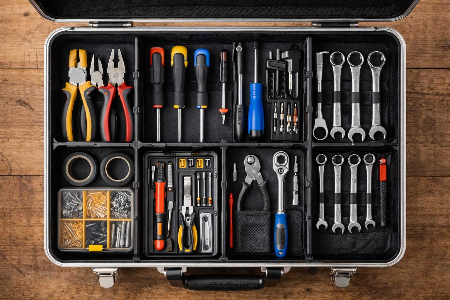 Werkzeugkoffer mit klar getrennten Bereichen für Handwerkzeuge und Zubehör