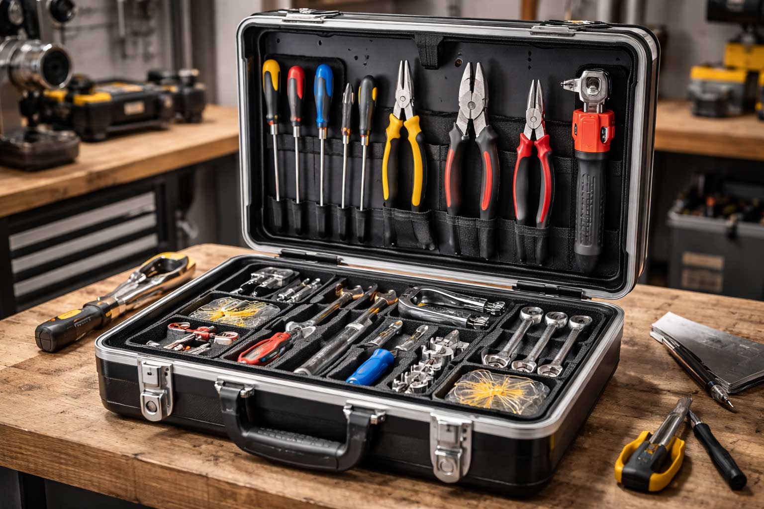 Geöffneter Werkzeugkoffer mit sauber sortierten Handwerkzeugen und Schaumeinlagen