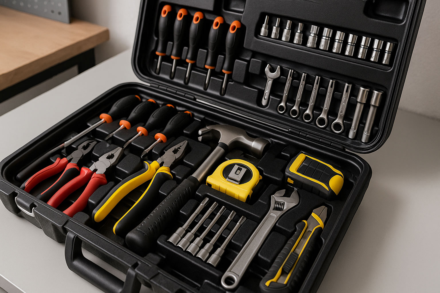 Geöffneter Werkzeugkoffer mit Grundausstattung für Heimwerker und Profis