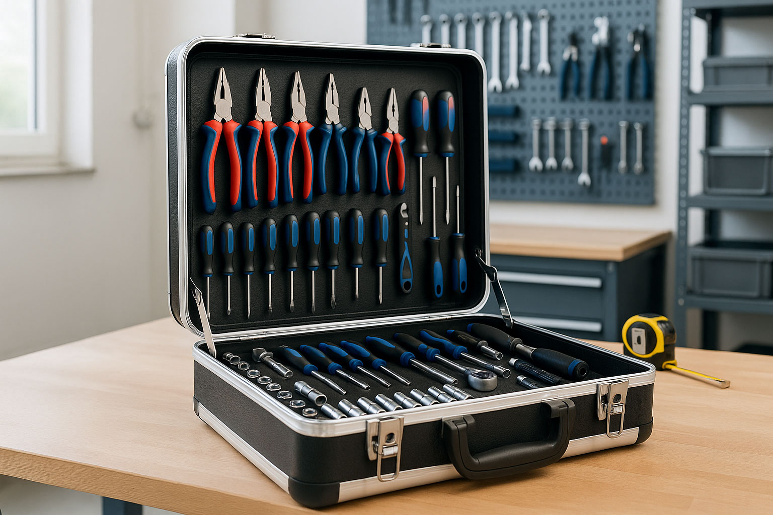Moderner Werkzeugkoffer auf Werkbank, geordnet und einsatzbereit