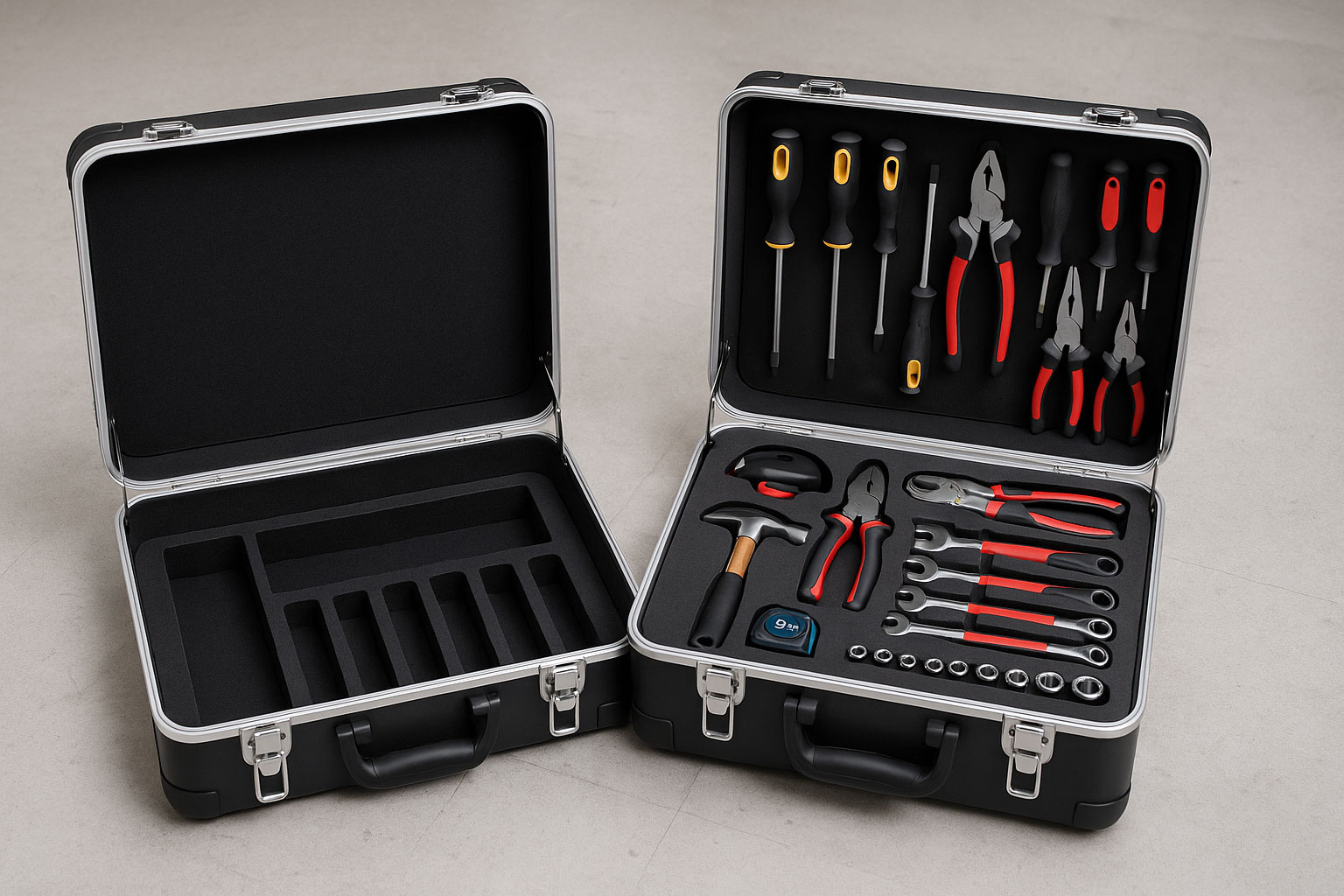 Zwei Werkzeugkoffer im Vergleich: leerer Koffer neben bestücktem Koffer