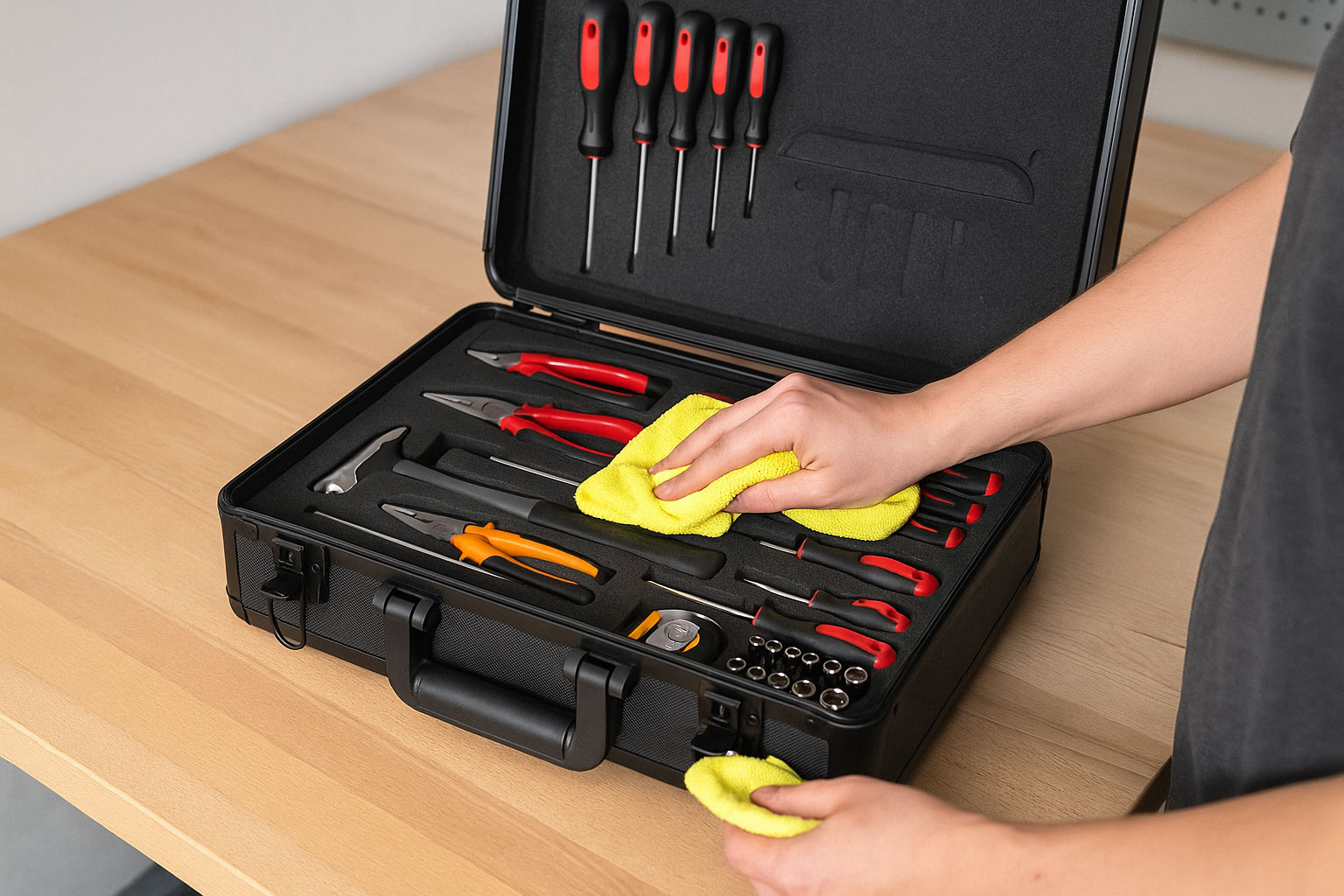 Reinigung eines Werkzeugkoffers mit Mikrofasertuch und geordneten Einsätzen