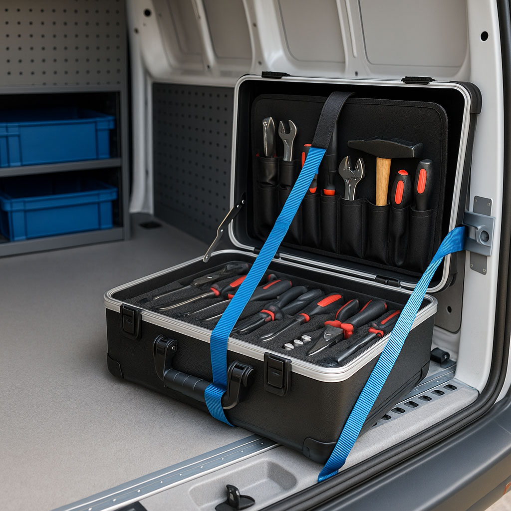 Werkzeugkoffer im Fahrzeug mit Zurrgurt gesichert