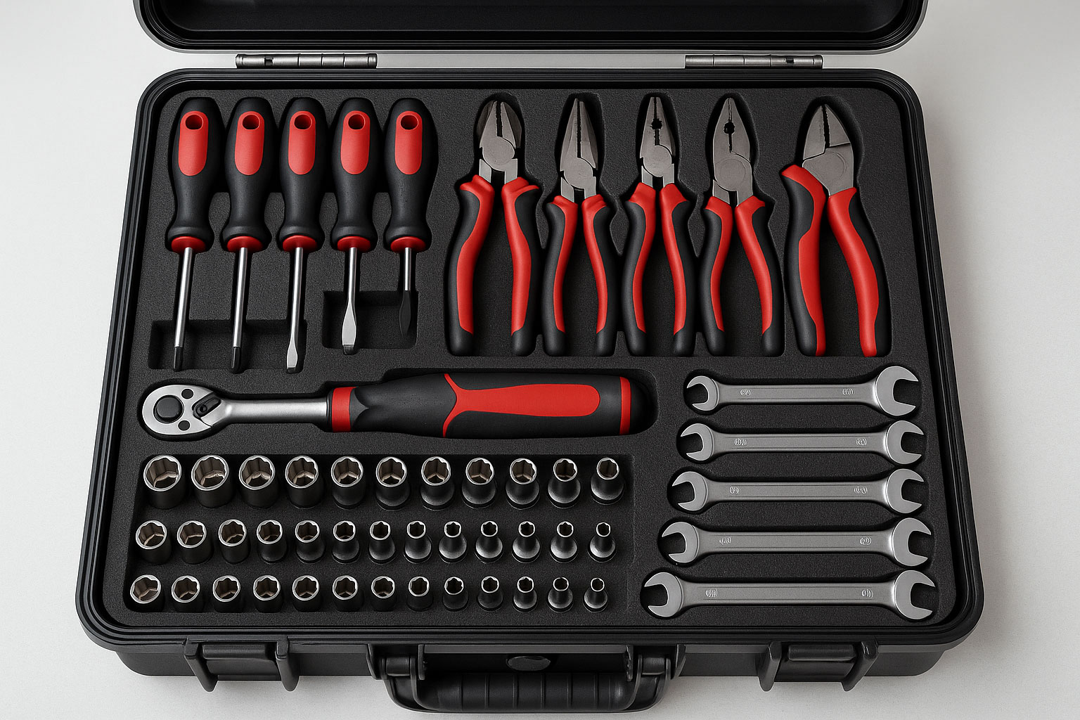 Werkzeugkoffer-Innenaufbau mit Schaumeinlage und logisch sortierten Fächern