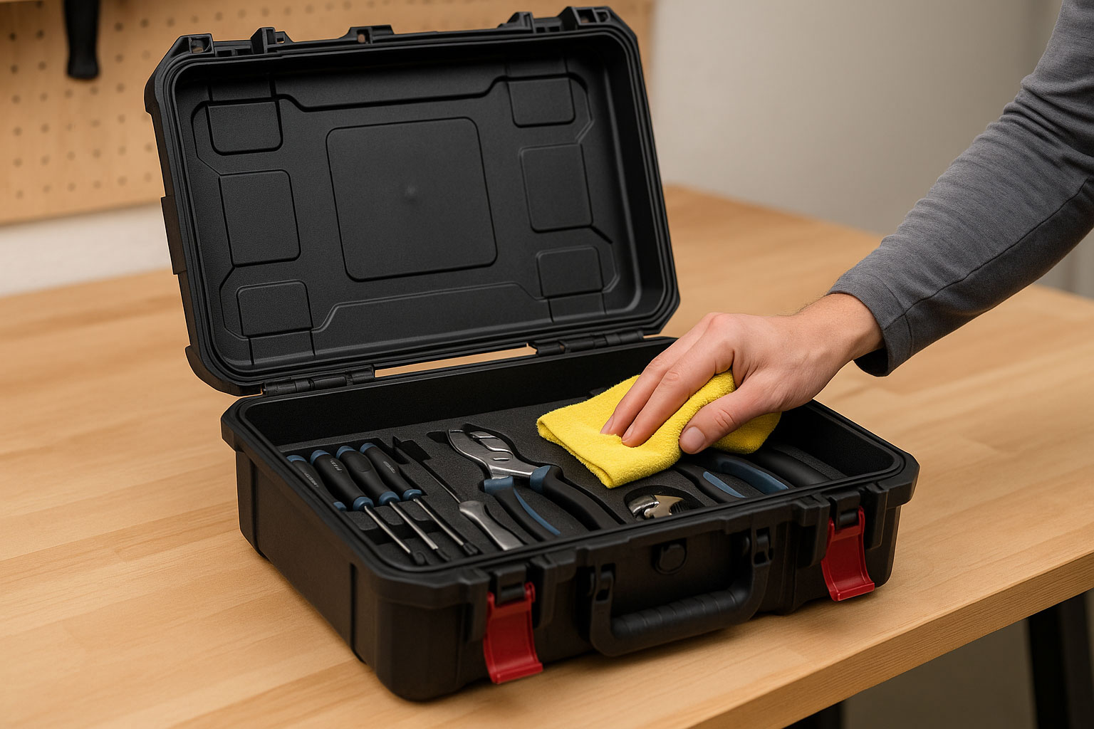 Pflege: Werkzeugkoffer mit Mikrofasertuch reinigen und trocken lagern