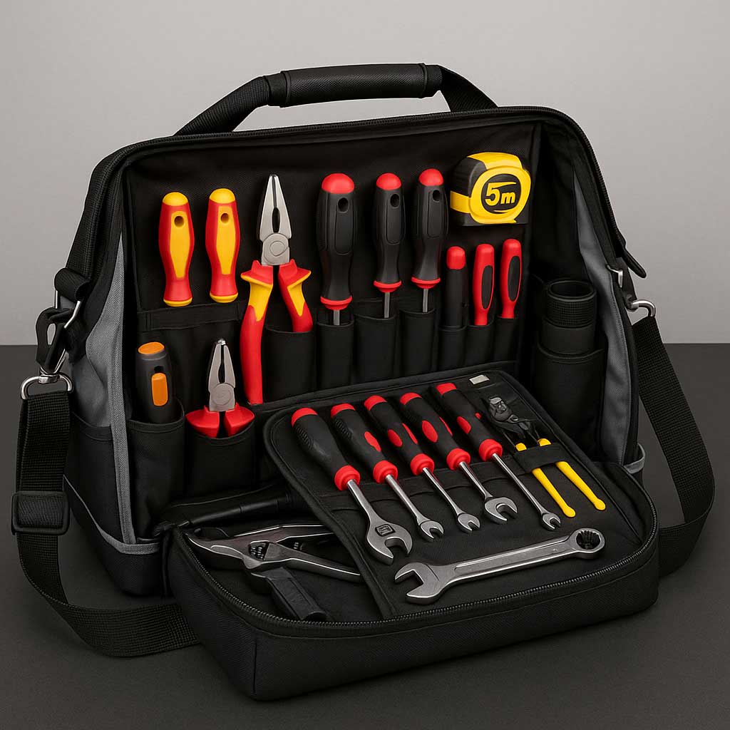 Geöffnete Werkzeugtasche mit Werkzeugen