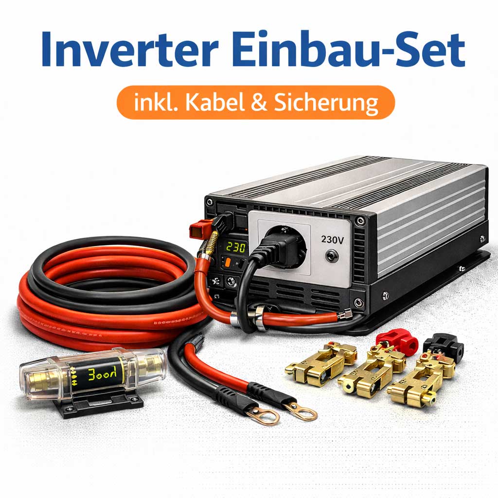 Wechselrichter Set mit Kabeln und Sicherung für fachgerechten Einbau