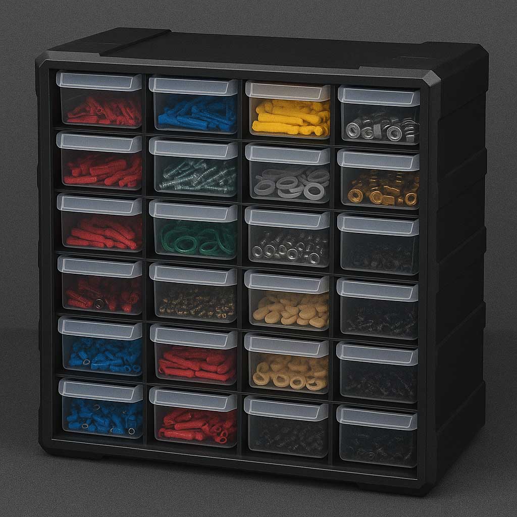 Kleinteilemagazin mit vielen kleinen Schubladen