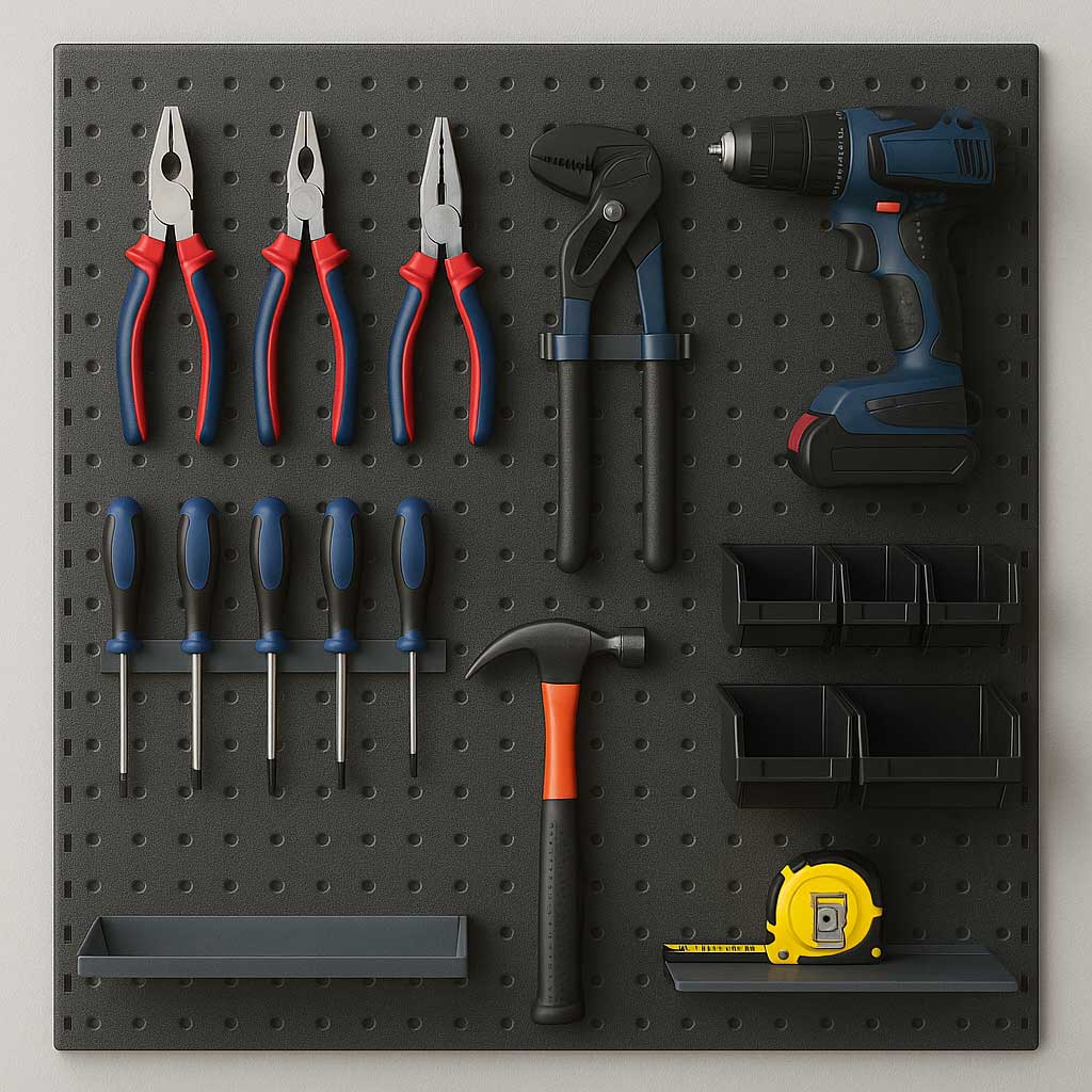 Pegboard-Werkzeugwand mit variablen Haltern