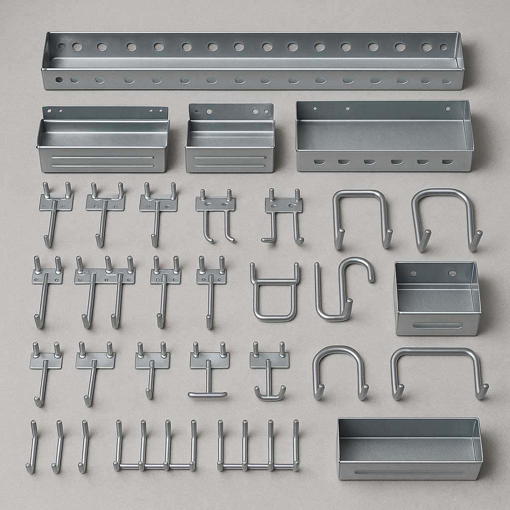 Halterset für Werkzeugwände mit Haken und Ablagen