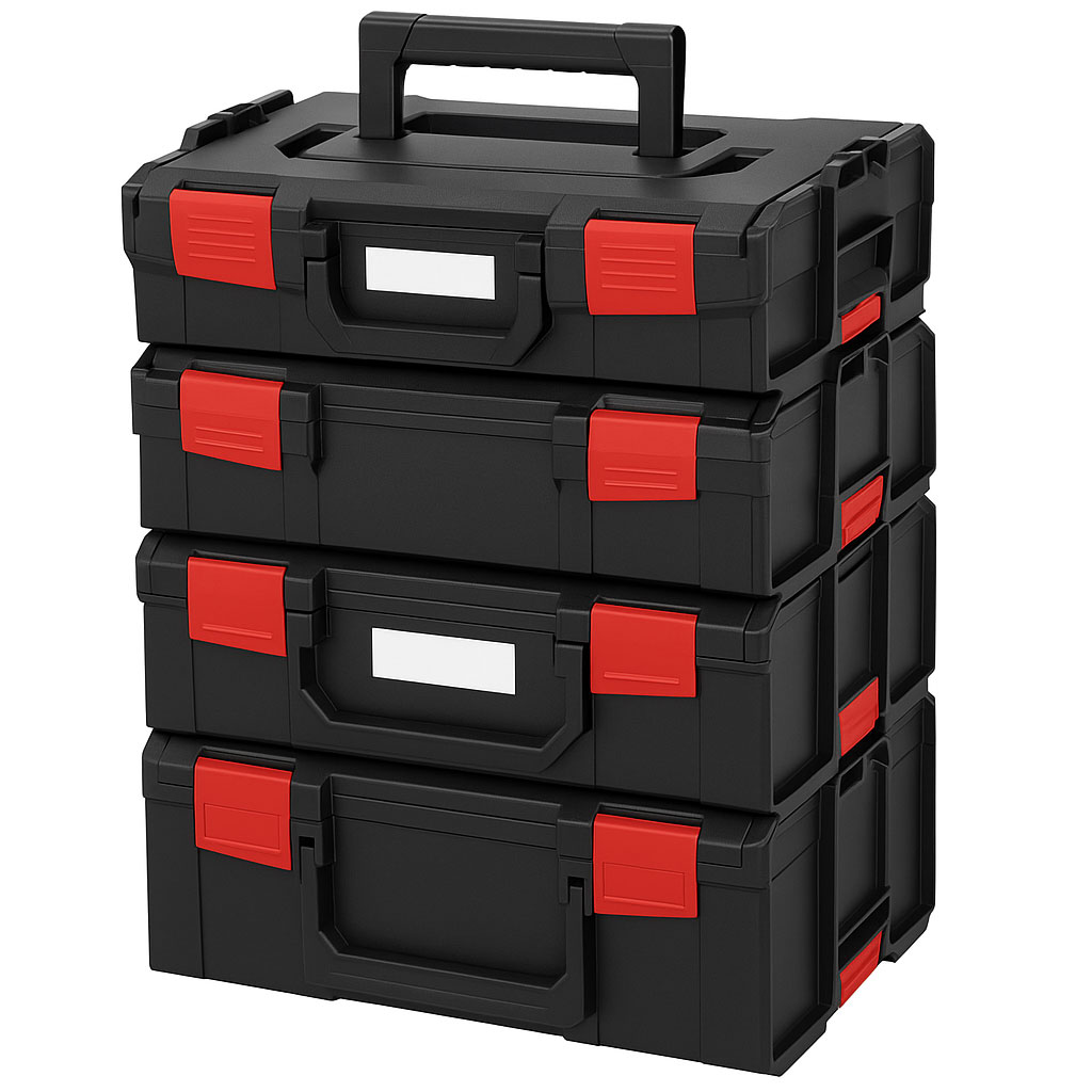 Modulares Systemkoffer-Set – stapelbare Werkzeugkoffer mit Beschriftungsflächen
