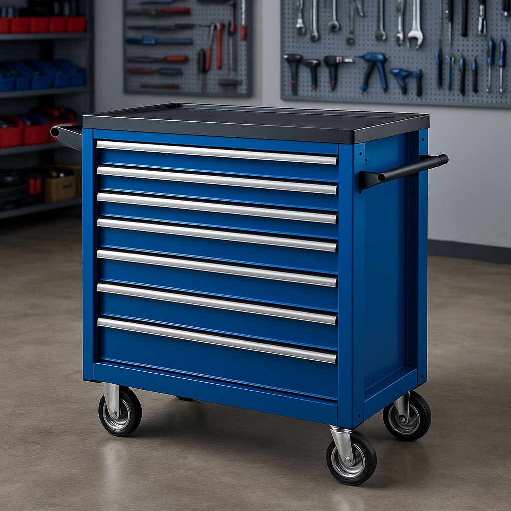 Werkstattwagen vor Werkzeugwand – organisierte mobile Arbeitsstation