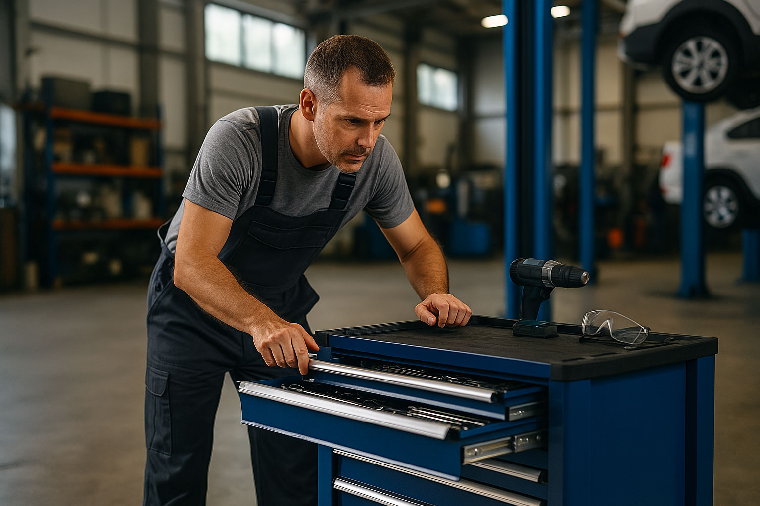 Mechaniker arbeitet am Werkstattwagen