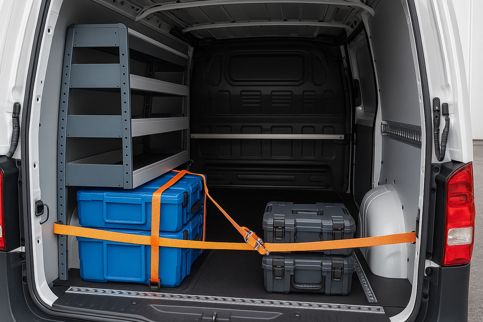 Sichere mobile Werkstatt mit ordentlich gesicherter Ladung im Transporter