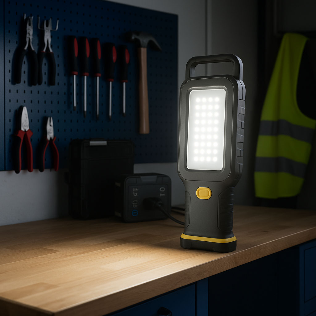 LED-Arbeitsleuchte beleuchtet Werkbank in heller Werkstattumgebung