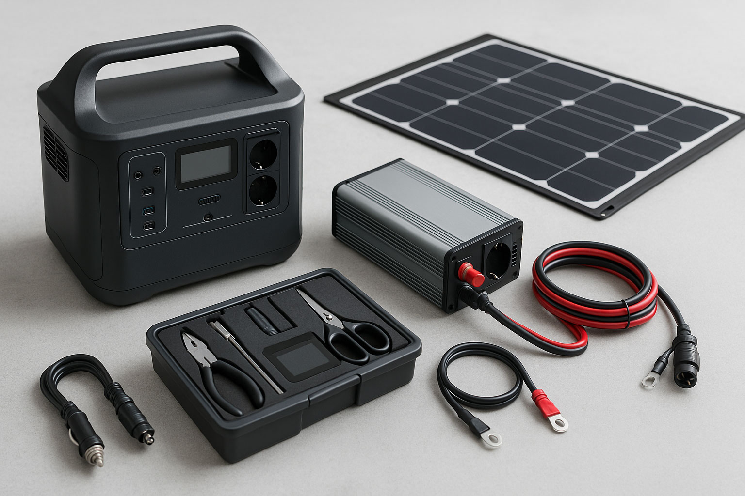 Komponenten der mobilen Energieversorgung: Powerstation, Wechselrichter und Solarpanel