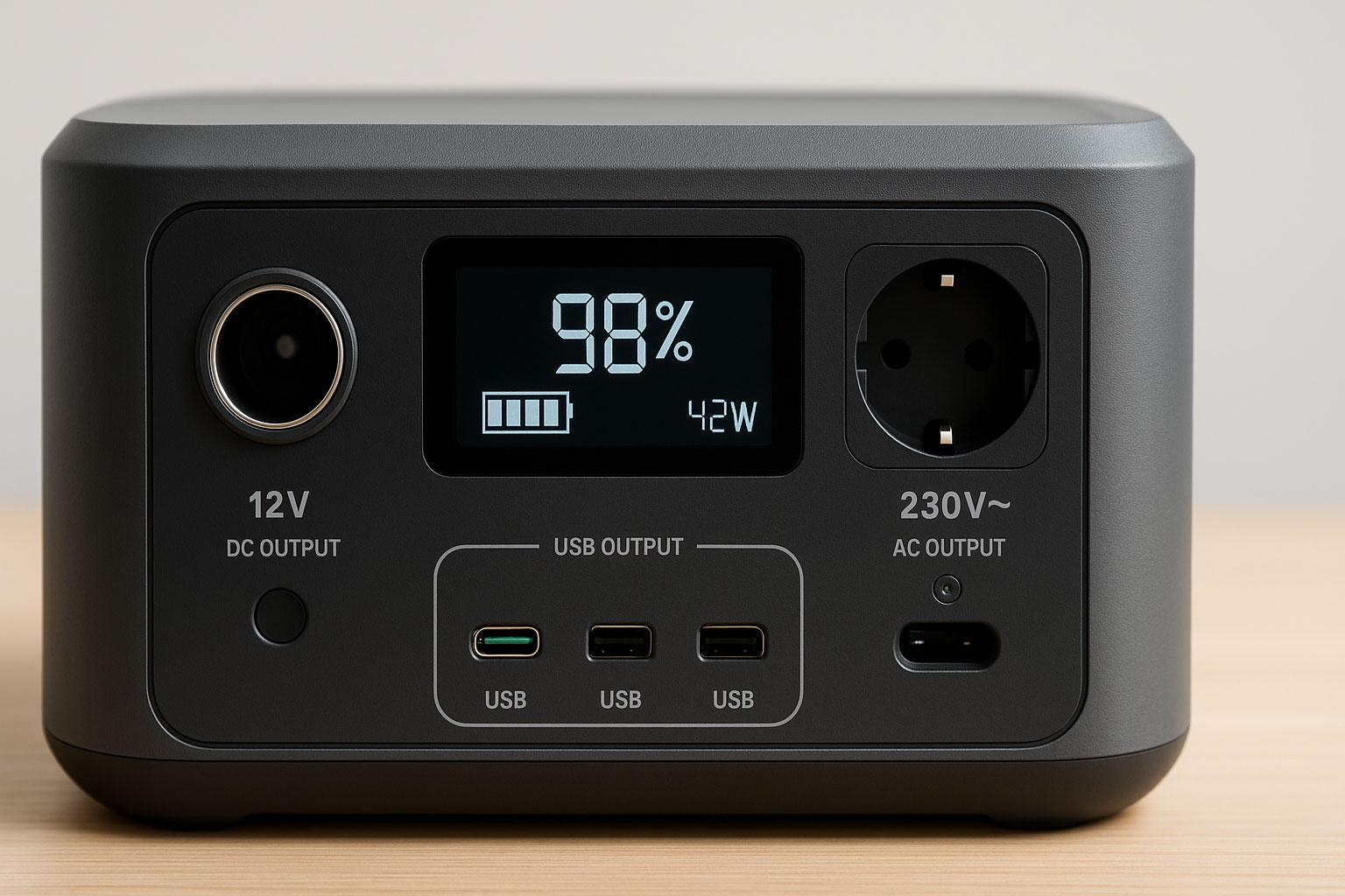 Powerstation mit 12V-, 230V- und USB-Anschlüssen im Überblick