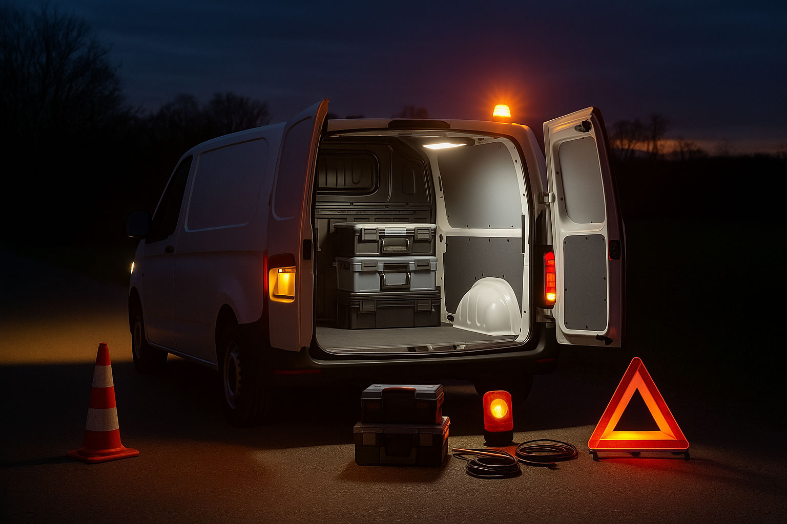 Transporter bei Dämmerung mit eingeschalteter Arbeitsbeleuchtung und Warnbaken