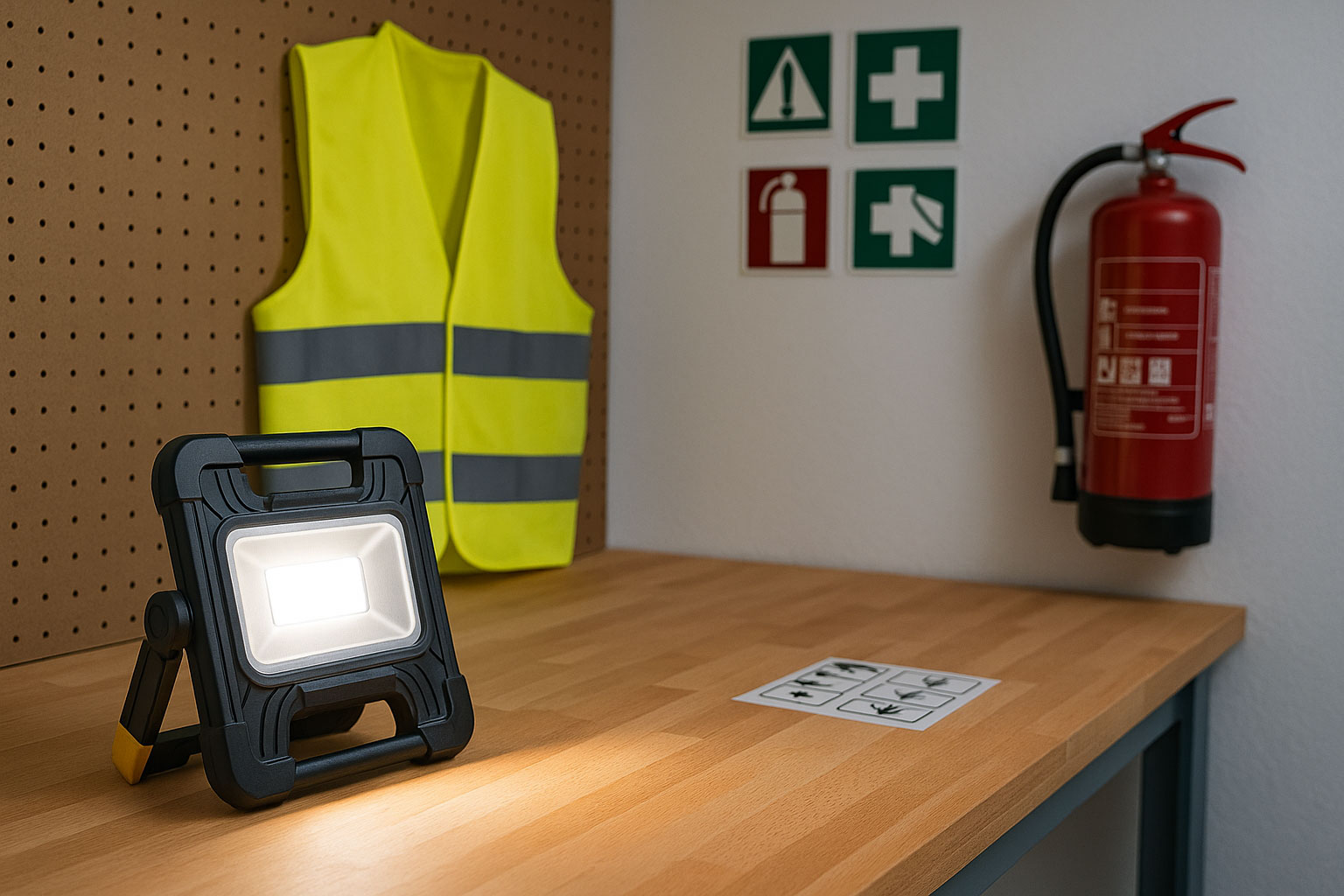Arbeitsleuchte in heller Werkstatt mit Warnweste und Sicherheitsausstattung im Hintergrund