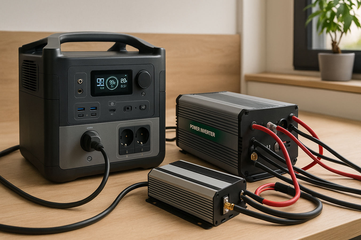 Powerstation und Wechselrichter als mobile Energiequelle in heller Werkstattumgebung