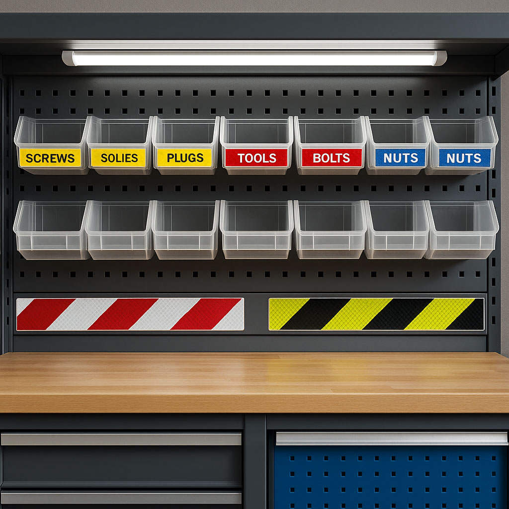 Werkbank mit reflektierenden Labels, Farbcodes und LED-Leisten für Ordnung und Sicherheit
