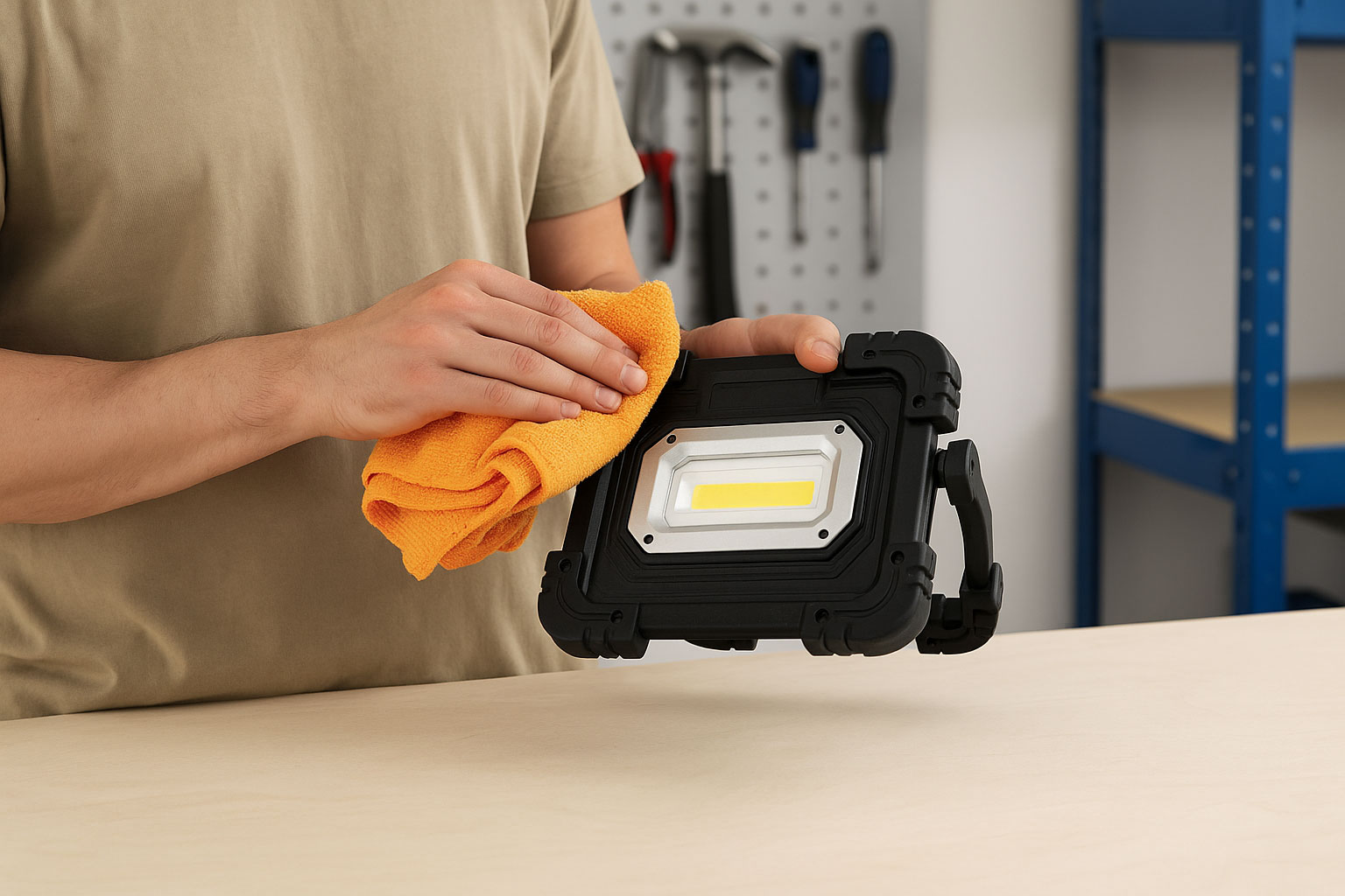 Pflege und Prüfung einer Arbeitsleuchte in heller Werkstatt