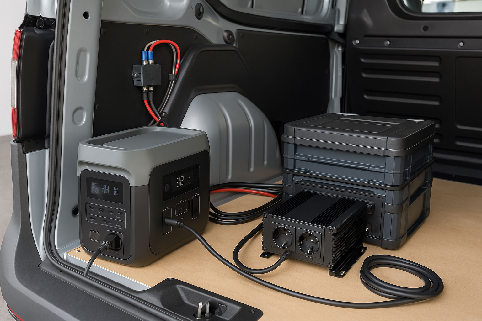 Energie-Setup im Fahrzeug mit Powerstation, Wechselrichter und geordneten Kabeln