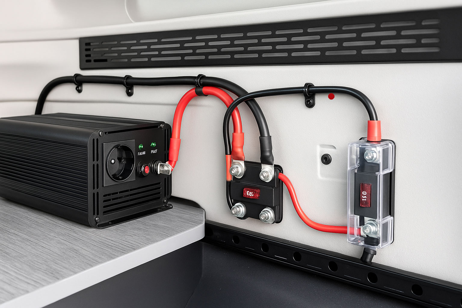 Sicher installierter Wechselrichter mit sauber verlegten Kabeln und Sicherungshalter