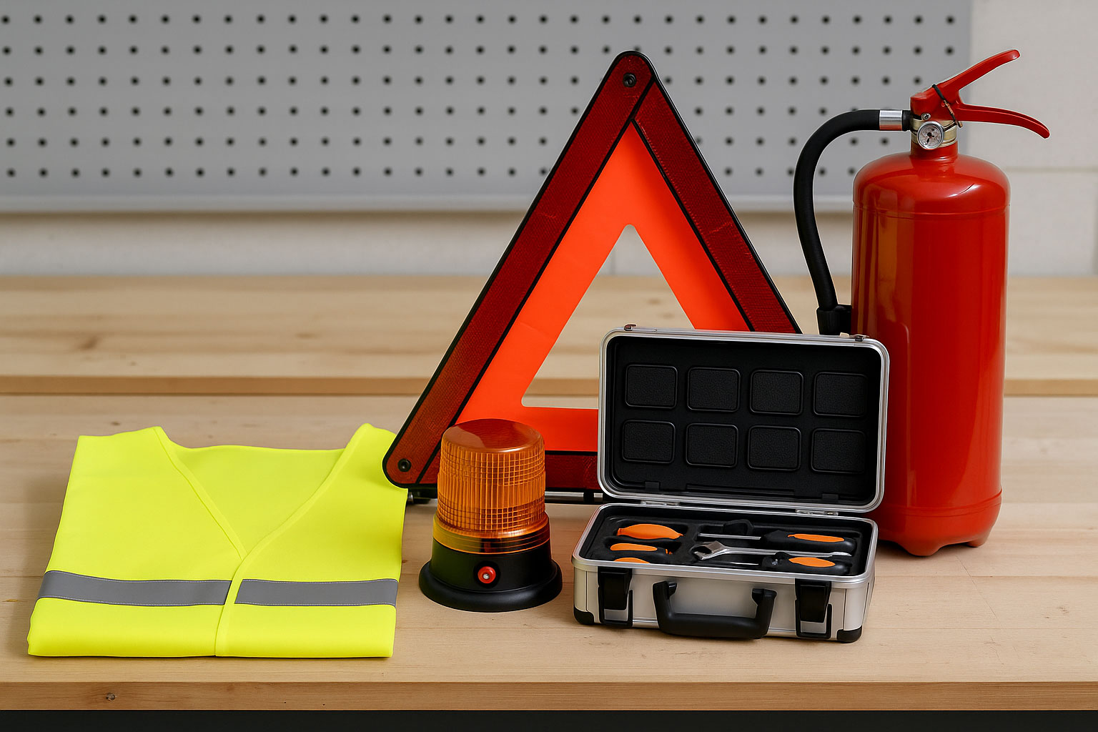 Warn- und Sicherheitsausstattung: Warnweste, Blinkleuchte, Warndreieck und Feuerlöscher auf Werkbank